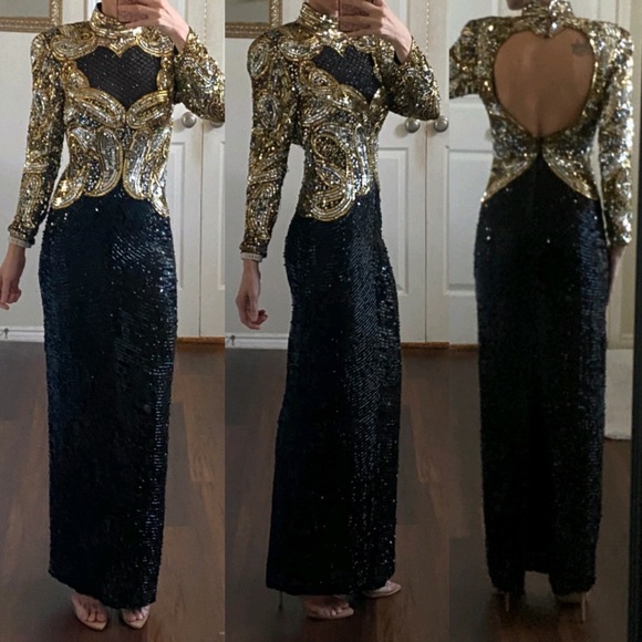 Oleg Cassini Dresses & Skirts - Black Tie Oleg Cassini 100% silk black gold silver beaded sequin maxi dress gown